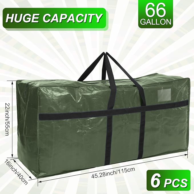 6 Pcs 66 Gallon Large Moving Bags with Zipper and Handles Foldable Storage Duffle Bags Heavy Duty Extra Large Totes for College Dorm Travel Clothes Blankets Bedding Moving (Army Green)