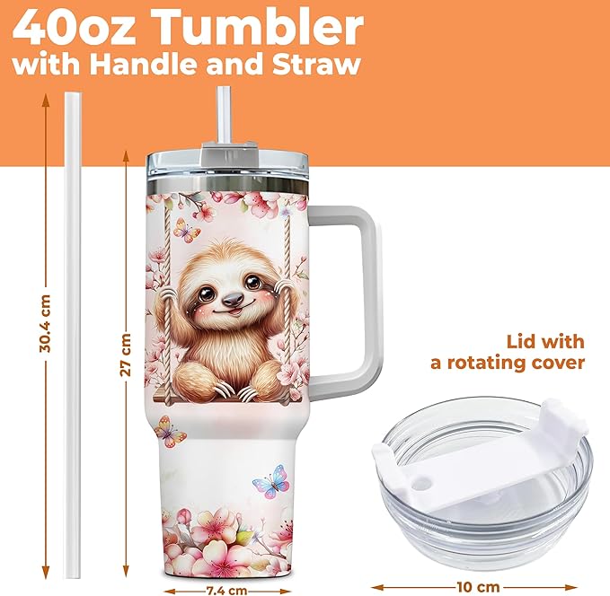 Personalized Sloth 40oz Tumbler with Handle and Straw Gifts for Women Sloths Lovers, Cute Sloth Cup, Animal Lovers Gift Idea on Birthday Christmas, Custom Name Stainless Steel Travel Cup