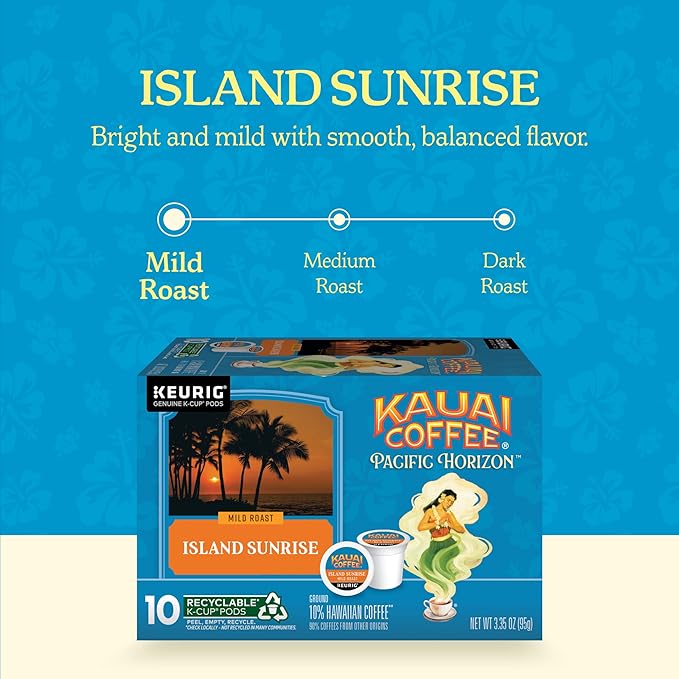 Kauai Coffee K-Cup Pods for Keurig Brewers – Arabica Coffee, 10% Hawaiian – Mild Roast, Light with Bright Aroma – Island Sunrise, 1 Pack of 10 Single Serve K-Cups