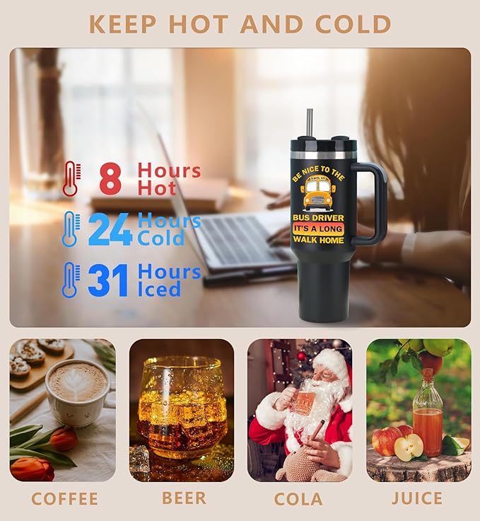 Bus Driver Appreciation 40oz Tumbler With Handle - Be Nice To The Bus Driver - Christmas and Birthday Gifts for Men, Black