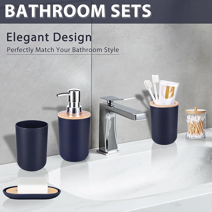 iMucci Bathroom Accessories Set 5Piece Navy Blue Bathroom Sets, Toothbrush Holder, Toothbrush Cup, Lotion Soap Dispenser, Soap Dish and Qtip Holder Bathroom Decor