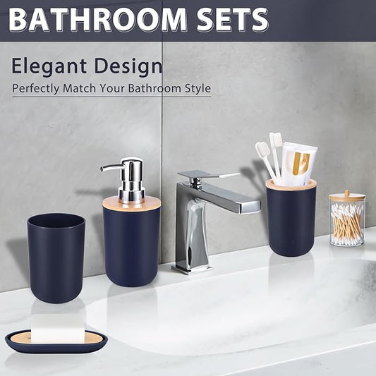 iMucci Bathroom Accessories Set 5Piece Navy Blue Bathroom Sets, Toothbrush Holder, Toothbrush Cup, Lotion Soap Dispenser, Soap Dish and Qtip Holder Bathroom Decor