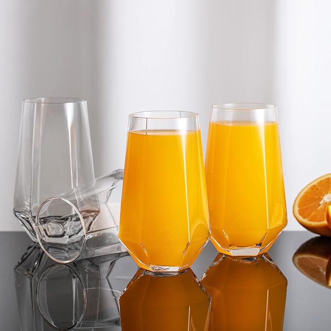 Large Beer Mugs, Hexagon Glass 4 Piece Set, Drinking Mug Bulk for Beer, Soda, Ice Coffee, Smoothies, Cocktails