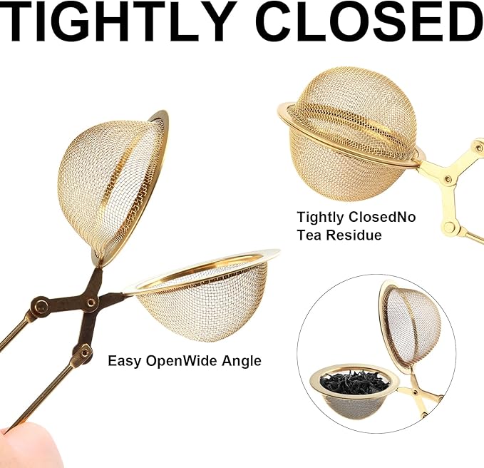 Snap Tea Ball Infuser with Handle; Premium Stainless Steel Fine Mesh Screen Tea Strainer Filters Colander Cullender Sieve Infusion Steeper Maker for Loose Leaf Tea Herbs, 2 Pieces, Golden