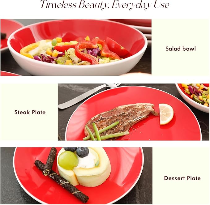 Stoneware Coupe Shape 18pc Dinnerware Set, Outside White + Inside Red