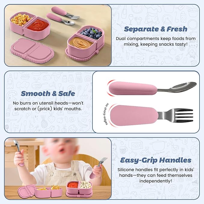 Silicone Snack Containers for Kids (8.5Oz, 2-Compartment)+ Kids Silicone Cutlery Set (Spoon and Fork) - BPA Free, Leak Proof, Great for Toddler/Kid/Adult Meal Prep Containers (pink)