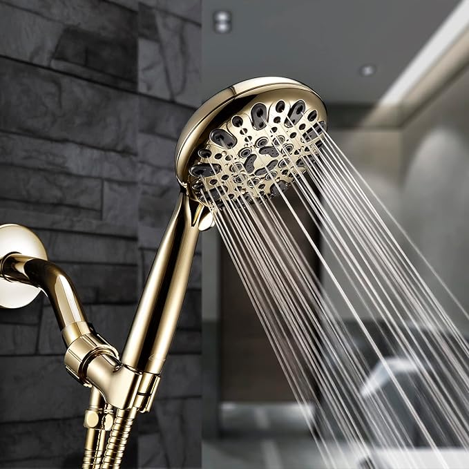 Handheld Shower Head, 6 Spray Setting High Pressure Shower Head with Brass Swivel Ball Bracket and Extra Long Stainless Steel Hose, Polished Brass, 5"