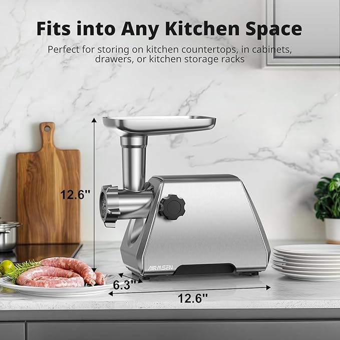 AIRMSEN Electric Meat Grinder & Mincer – Heavy Duty Professional Stainless Steel Sausage Maker & Stuffer with 3 Plates, 2 Stainless Blades & Kubbe Kit – Fast, Quiet, Easy to Clean for Home Kitchen Use