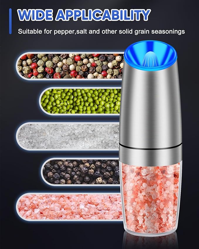 Gravity Electric Pepper and Salt Grinder Set, Adjustable Coarseness, With LED Light, One Hand Automatic Operation, Stainless Steel Black, (2 Pack Silver)