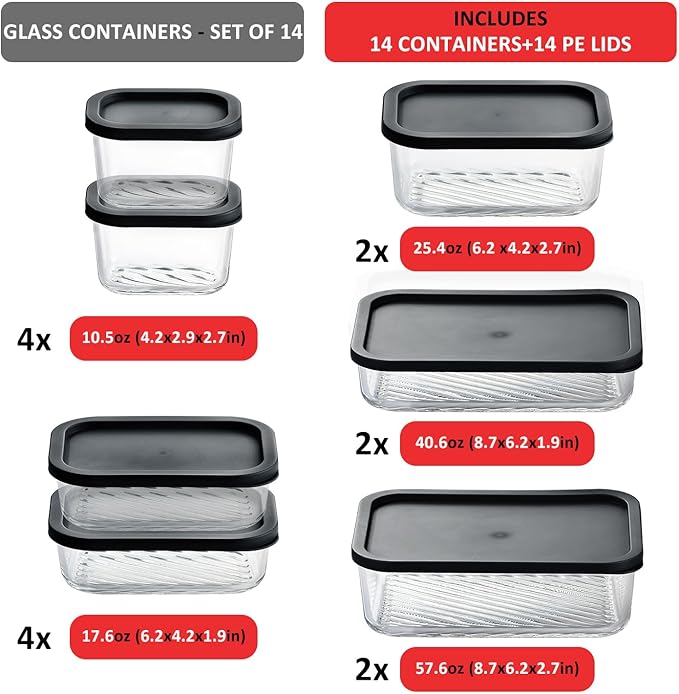 EATEX 14 Pack Glass Meal Prep Containers with Grooved Base, 14 Stackable BPA Free Glass Storage Containers with Lids for Lunch, Pantry, and Kitchen - Microwave, Dishwasher Freezer & Oven Safe - Black