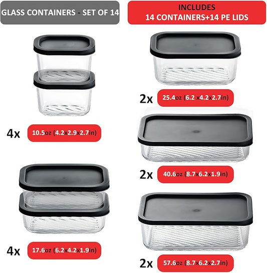 EATEX 14 Pack Glass Meal Prep Containers with Grooved Base, 14 Stackable BPA Free Glass Storage Containers with Lids for Lunch, Pantry, and Kitchen - Microwave, Dishwasher Freezer & Oven Safe - Black