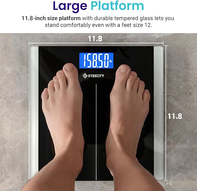 Etekcity Bathroom Scale for Body Weight, Highly Accurate Digital Electronic Weighing Machine for People, LCD Display, Large Size, 6mm Tempered Glass for Safe Home Use, Batteries Included, 400 lbs