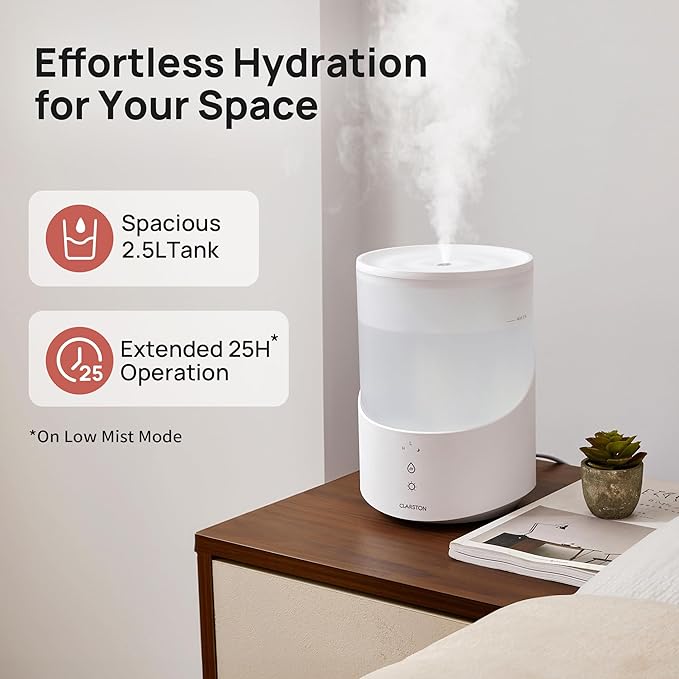 Humidifiers for Bedroom, 2.5L Cool Mist Humidifier with Essential Oils Diffuser and Nightlight, Top Fill Humidifiers for Home Large Room, Timer, Auto Shut-off, 25H Runtime