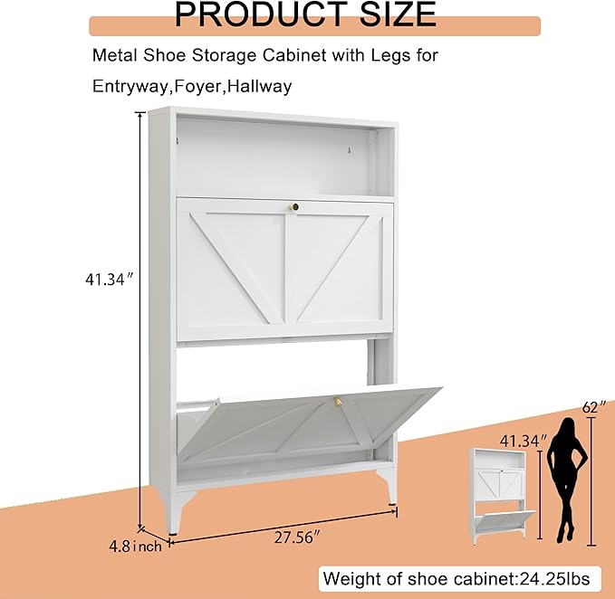 Shoe Cabinet with 2 Flip Drawers, Narrow Shoe Storage Cabinet, Farmhouse Shoe Organizer, Freestanding Organizer with Metal Legs for Entryway, Foyer (2 Door, White)