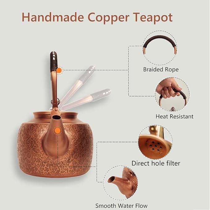 Kkekos Handmade Copper Kettle Copper Teapot for Stovetop 2000ml (Type3)