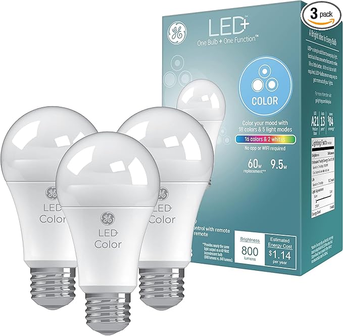 GE LED+ Color Changing LED Light Bulbs with Remote, 9.5W, No App or Wi-Fi Required, A19 (3 Pack)