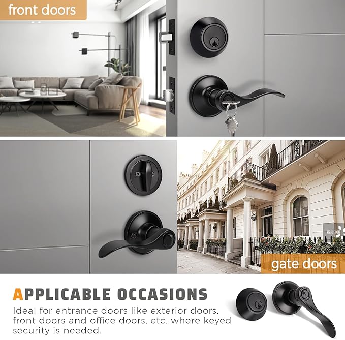 KNOBWELL 10 Pack Front Door Entry Lever Lockset with Single Cylinder Deadbolt Exterior Door Lock Set with Deadbolt, Matte Black (Keyed Alike)