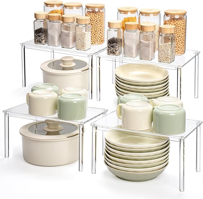 Acrylic Cabinet Organizer, Set of 4 Spice Rack Organizer for Cabinet, Desk Countertop Shelf Organizer, Pantry Kitchen Storage and Organization, Stackable Shelves House Essentials for Gift