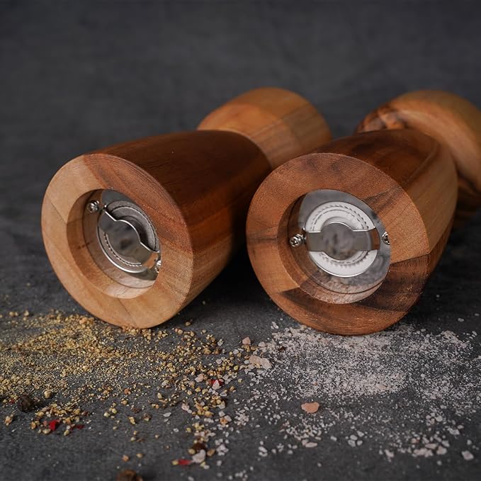 Salt and Pepper Grinder Set with Tray, Adjustable Ceramic Grinder Salt Mill, Stainless Steel Grinder Pepper Mill, Acacia Wood, 5 inch /14cm Height, Bottom Dia 2.36inch/6cm (Tray is Included)