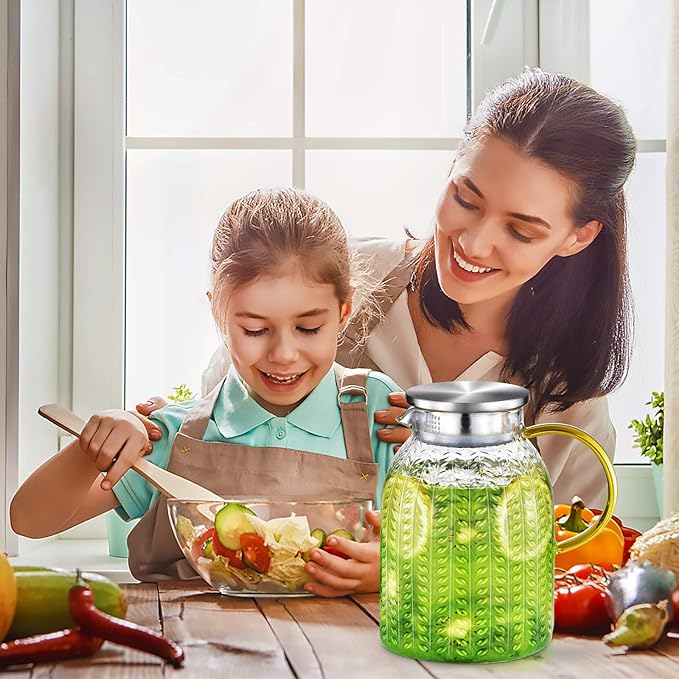 Aofmee 60oz Glass Pitcher, Water Pitcher with Lid, Iced Juice Jugs for Fridge, Glass Carafe for Cold or Hot Beverages, Sun Tea Jar, Easy Clean Heat Resistant Jug for Milk