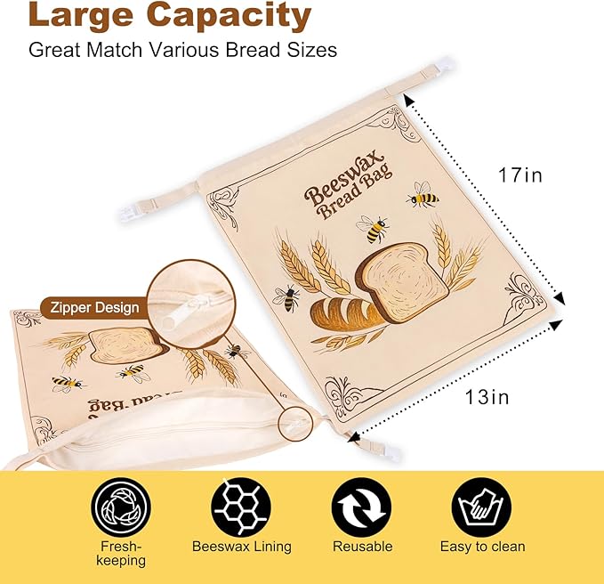 2 Pack Reusable Beeswax Bread Bags for Sourdough, 17inx13in Bread Bags for Homemade Bread, XL Natural Beewax Lined Bread Bag, Freezer Friendly Freshness Preservation for Food Storage