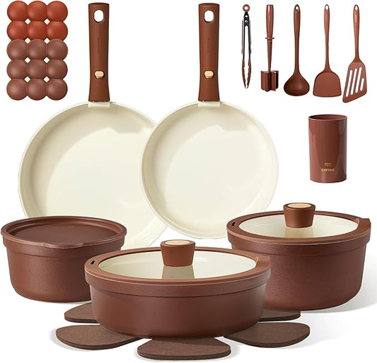 CAROTE 22Pcs Ceramic Cookware Set with Kitchen Essentials, Detachable Pots and Pans Set Non Stick, Non Toxic Oven/Dishwasher Safe, Induction Cooking, Gift Set, Includes Knife/Utensil Set