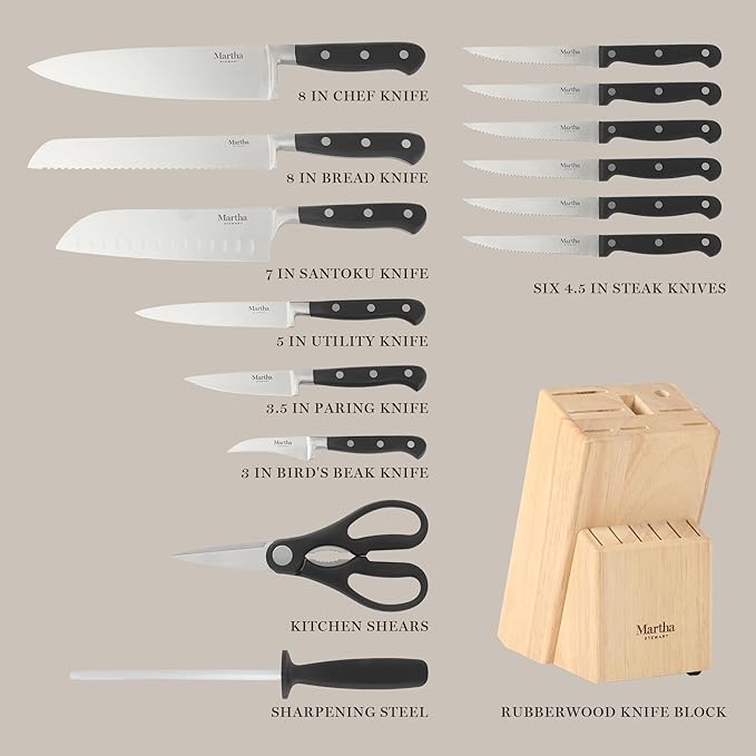 Martha Stewart Carverton 15 Piece High Carbon Stainless Steel Cutlery Kitchen Knife Block Set w/ABS Triple Riveted Forged Handle Wood Block - Black