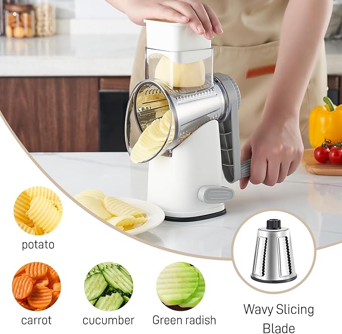 Rotary Cheese Grater with 4 Blades, Hand Crank Cheese Grater with Waffle Slicer, Black and White Cheese Slicer with Suction Base, Easier for Shredding& Grating (White and Grey, 4 Graters)