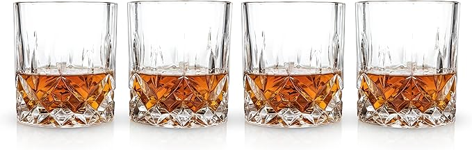 Viski Admiral Crystal Whiskey Tumbler Set, Classic Lowball Cocktail Glasses, Crystal Clear Drinking Glasses for Bourbon, Scotch, Spirits, Neat Pours, Gifts for Men, Home Bar, 10 oz, Set of 4