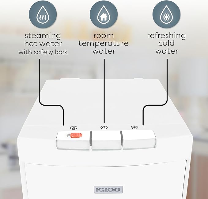 Igloo Bottom Loading Water Cooler – Hot, Cold, & Room Temperature Dispenser – White, Holds 3 & 5 Gallon Jugs, Child Safety Lock – for Homes, Kitchens, Offices, Dorms
