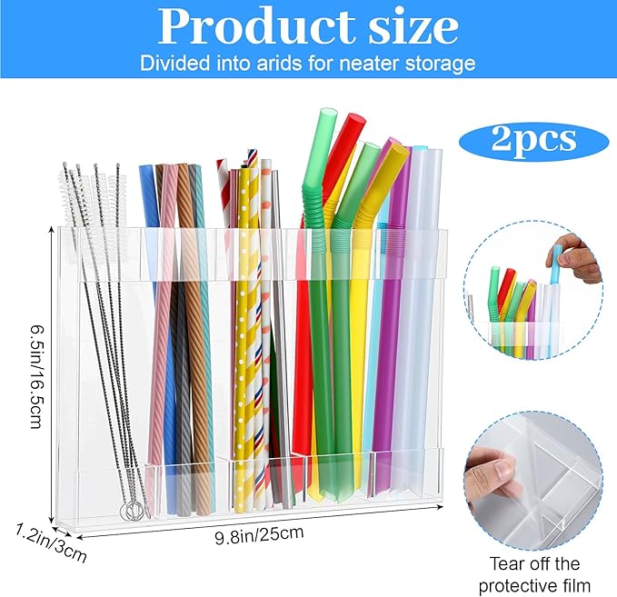 9.8" Large Acrylic Straw Holder for Cabinet Door with Ultra Sticky Double Sided Adhesive Tape, Reusable Straws Organizer, Transparent Storage Dispenser for Kitchen Counter Cupboard (2 Pcs)