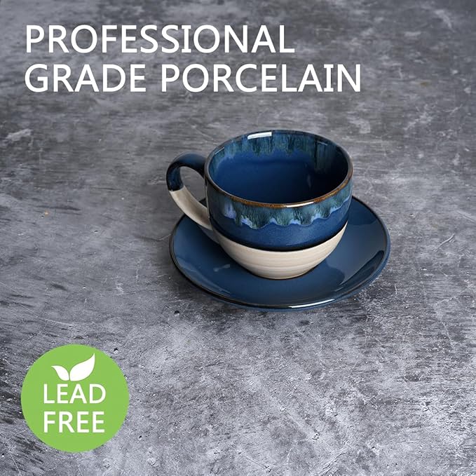 Bosmarlin Ceramic Cappuccino Cup and Saucer Set of 2, 10 Oz, Coffee Cups for Latte, Espresso, Tea, Dishwasher and Microwave Safe, Reavtive Glaze (Deep Blue)