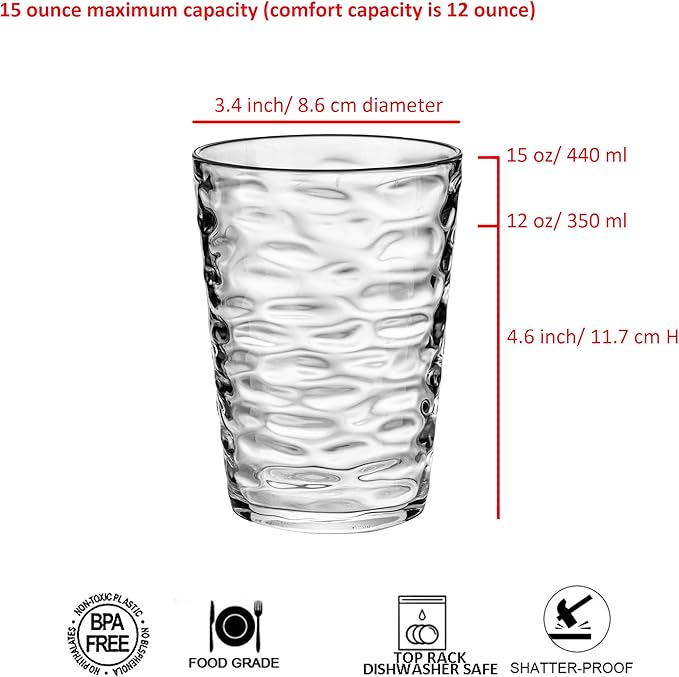 14-ounce and 20-ounce Plastic Tumblers, Acrylic Drinking Glasses, set of 8 Clear Reusable Plastic Cups, Stackable, BPA-Free, Shatter-Proof, Dishwasher-Safe