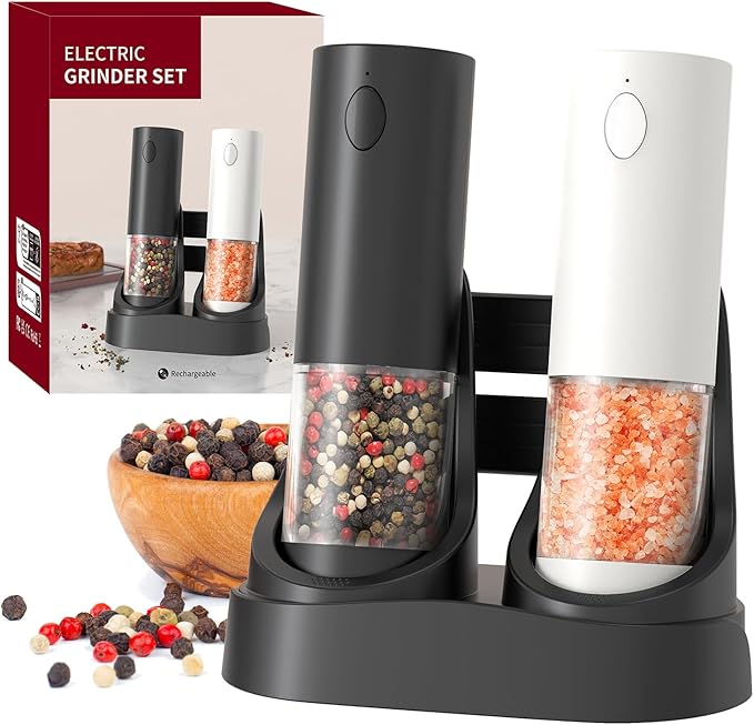 RECHARGEABLE - Electric Pepper and Salt Grinder Set, Adjustable Coarseness, With LED Light, One Hand Automatic Operation (C/Black&white)