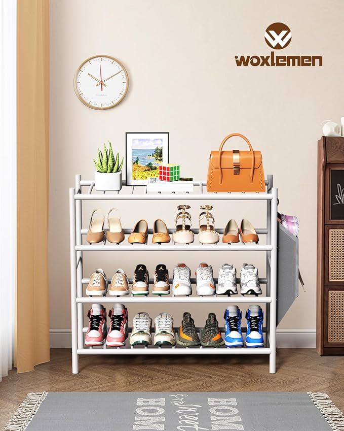 Bamboo Shoe Rack for Closet Small Wooden Shoe Organizer with Pouch, Sturdy Wood Shoe Shelf for Front Door Entrance Entryway and Outdoor, 26 inch Wide (White, 4-Tier)