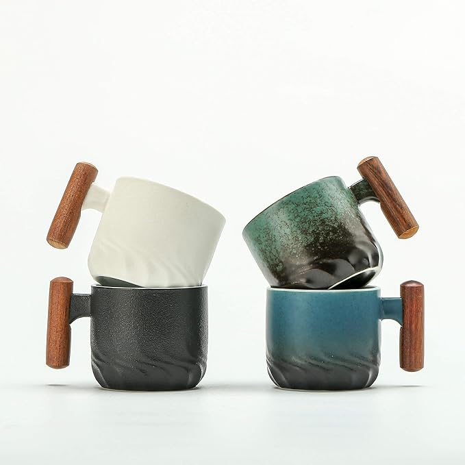 Porcelain Espresso Cups Set of 2, Small Tea Cups, 2 oz Ceramic Espresso Cups with Wooden Handle