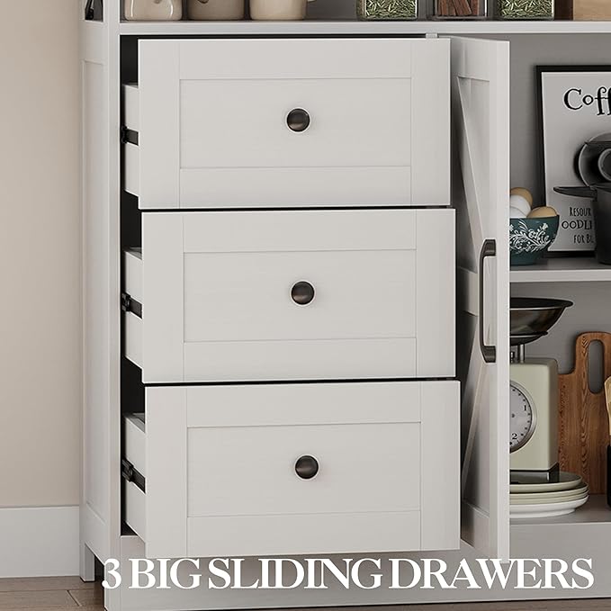 OUTLANE 47In Large Buffet Cabinet, Modern Farmhouse Sideboard with 3 Drawers, Wood Cupboard Storage Pantry Cabinet with 2 Barn Doors&Adjustable Shelf, Storage Cabinet for Living Room, Kitchen, White