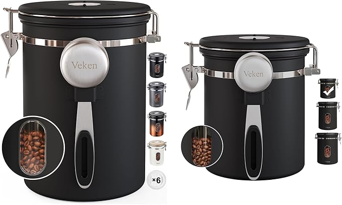 Veken Coffee Canister set with Window, Airtight Stainless Steel Kitchen Food Storage Container with Date Tracker and Scoop for Grounds Coffee, Beans, Tea, Flour, Cereal, Sugar, 22&16OZ,Black