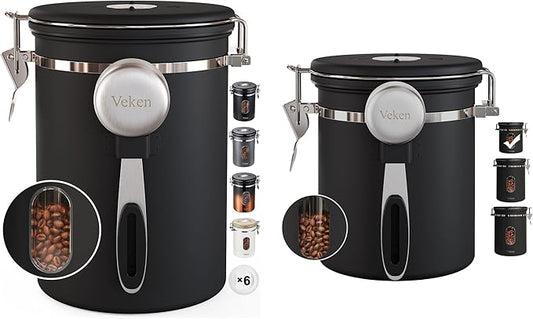 Veken Coffee Canister set with Window, Airtight Stainless Steel Kitchen Food Storage Container with Date Tracker and Scoop for Grounds Coffee, Beans, Tea, Flour, Cereal, Sugar, 22&16OZ,Black