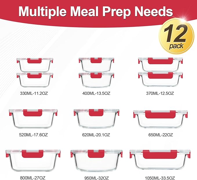 KAMOTA Glass Food Storage Containers, Red Glass Meal Prep Containers, Airtight Containers with Snap-Lock Lids, Set of 12, for Microwave/Oven/Freezer/Dishwasher