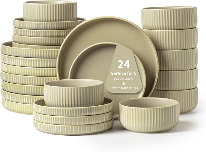 24 Piece Green Dinnerware Set,Ceramic Plates and Bowls Set for 8 – Calm Dish Set for Soft Gatherings, Wellness Homes & Easy Eleg