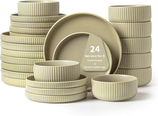 24 Piece Green Dinnerware Set,Ceramic Plates and Bowls Set for 8 – Calm Dish Set for Soft Gatherings, Wellness Homes & Easy Eleg