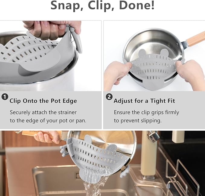 Clip On Strainer Silicone for All Pots and Pans, Pasta Strainer Clip on Food Strainer for Meat Vegetables Fruit Silicone Kitchen Colander