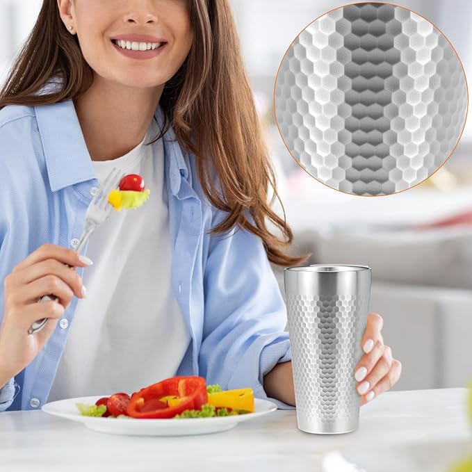 QWORK Stainless Steel Insulated Tumblers, 19 oz 4 Pack Stackable Water Tumblers, Double Wall Metal Cup, Diamond-Patterned