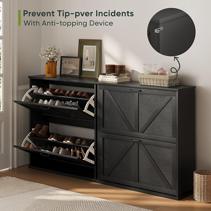 Shoe Cabinet, Shoe Storage Cabinet for Entryway with 2 Flip Drawers, Narrow Farmhouse Shoe Organizer Cabinet, Slim Shoe Rack Cabinet, 31.5in Black