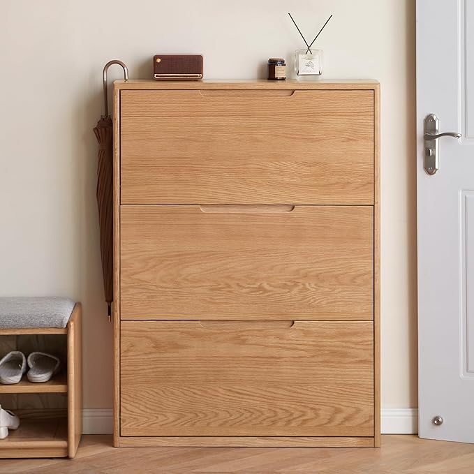 Oak Shoe Cabinet with 3 Flip Drawers, Solid Wood Shoe Storage Cabinet, Narrow Shoe Organizer for Entryway, 7.9" x 33.5" x 45.7", Oak Wood, Natural