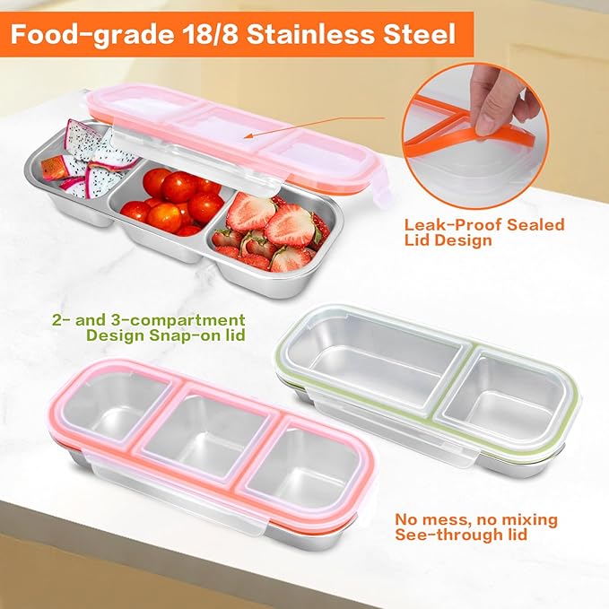 4 Pack Stainless Steel Snack Containers with Lids, 3-Compartments Reusable Lunch Box for Adults, Food Storage Containers Divided Meal Prep Box for Home, Work, Travel
