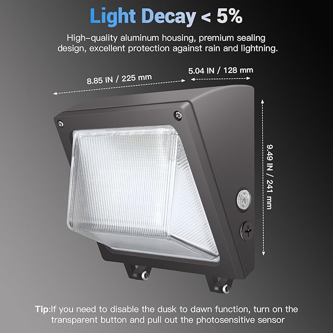 JTT LED Wall Pack Lights Outdoor with Dusk to Dawn Photocell, Selectable 75W/60W/45W, 9750LM/7800LM/5850LM, 6000K/5000K/4000K,Waterproof Flood Security Wall Pack Lighting for Garage Yard Parking Lot