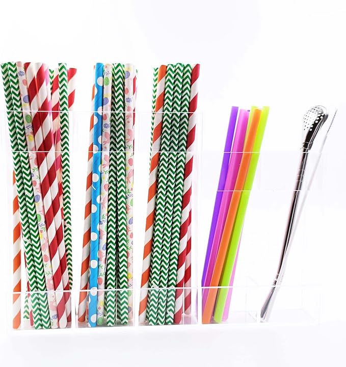 Acrylic Straw Organizer with Adhesive Backing, High & Low Parts for Long and Short Straws, Utensils, 5-Compartment Clear Kitchen Storage Spoons Dispenser Container Inside Cabinet Door Mount Holder