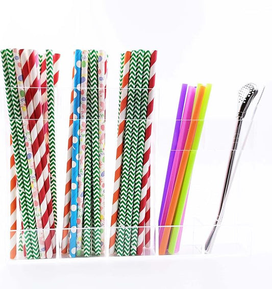 Acrylic Straw Organizer with Adhesive Backing, High & Low Parts for Long and Short Straws, Utensils, 5-Compartment Clear Kitchen Storage Spoons Dispenser Container Inside Cabinet Door Mount Holder